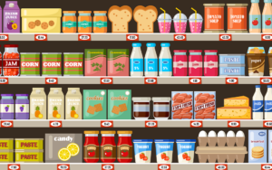 Illustration of various grocery products on a shelf with different prices - Food & Beverage CPG Marketing | ChefsBest blog