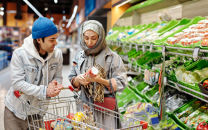 Two people looking at a product in a grocery store while pushing a shopping cart | Why a Robust ESG Profile is Essential for Food & Beverage CPG Marketing